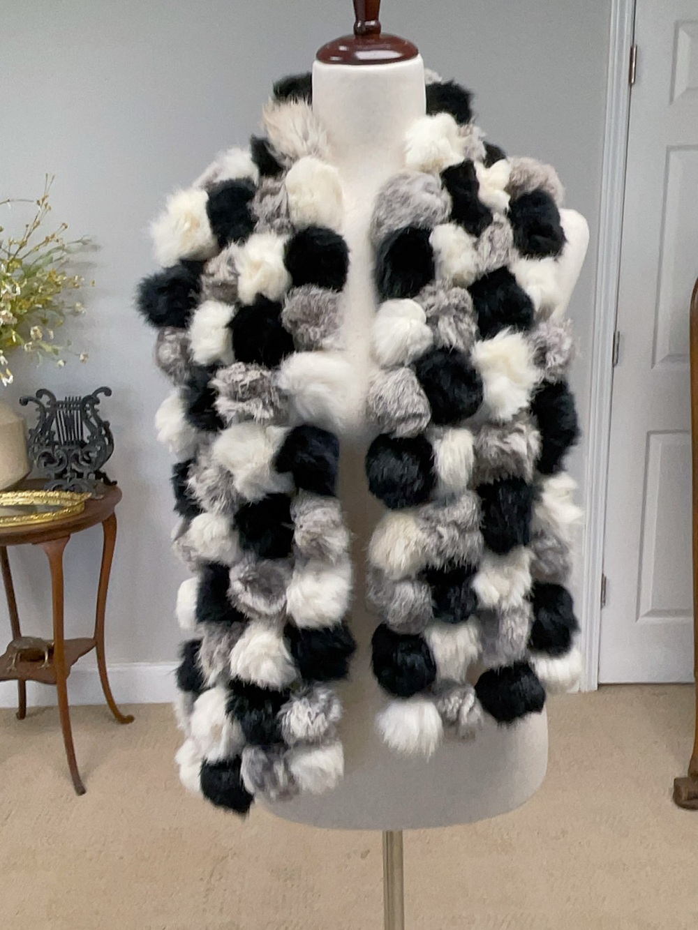 Rabbit Fur Pom Pom Knit Scarf Soft Warm Winter Scarf